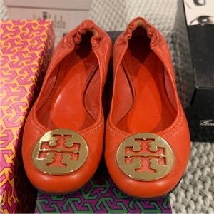 Tory Burch Women's Orange Ballet Flats with Gold Logo
